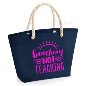 bedankt-juf-tas-strand-vakantie-beach-afscheid-schooljaar-einde-basisschool-leerkracht-juffen-lerares-leerkracht-navy-neon-pink