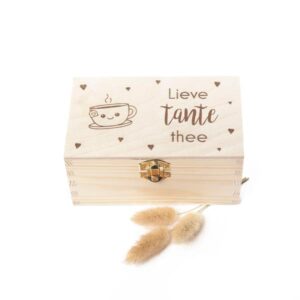 Lieve tante theedoos van hout, ideaal als verjaardagscadeau of moederdagcadeau, praktisch en vrolijk geschenk voor tantes die van thee houden.