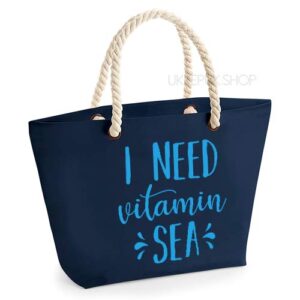 strandtas-tas-strand-beach-bag-beach-zee-sea-holiday-vakantie-i-need-vitamin-sea-zee-navy-lichtblauw