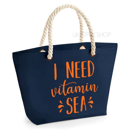strandtas-tas-strand-beach-bag-beach-zee-sea-holiday-vakantie-i-need-vitamin-sea-zee-navy-oranje