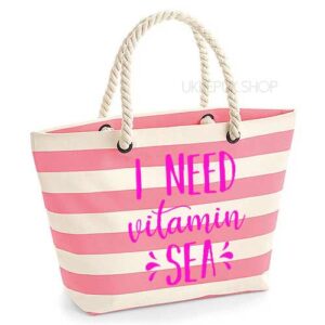 strandtas-tas-strand-beach-bag-beach-zee-sea-holiday-vakantie-i-need-vitamin-sea-zee-roze-gestreept-neon-roze