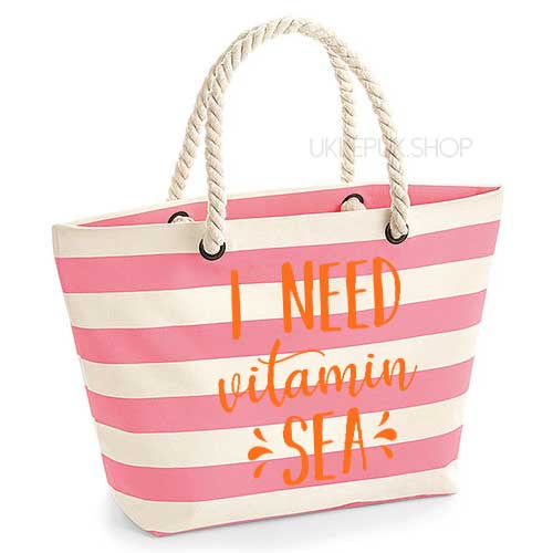 strandtas-tas-strand-beach-bag-beach-zee-sea-holiday-vakantie-i-need-vitamin-sea-zee-roze-gestreept-oranje