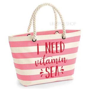 strandtas-tas-strand-beach-bag-beach-zee-sea-holiday-vakantie-i-need-vitamin-sea-zee-roze-gestreept-rood