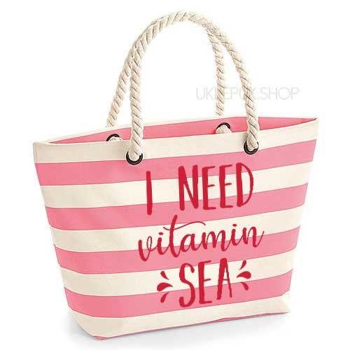 strandtas-tas-strand-beach-bag-beach-zee-sea-holiday-vakantie-i-need-vitamin-sea-zee-roze-gestreept-rood