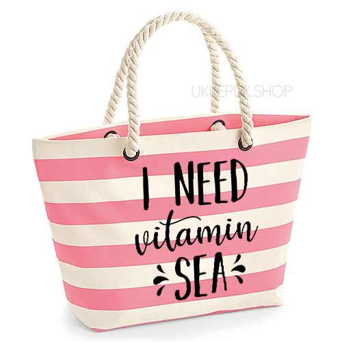 strandtas-tas-strand-beach-bag-beach-zee-sea-holiday-vakantie-i-need-vitamin-sea-zee-roze-gestreept-zwart