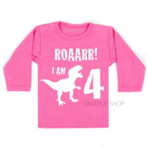 verjaardagsshirt-jarig-dino-4-jaar-shirt-jarig-kind-dinosaurus-feest-roze