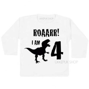 verjaardagsshirt-jarig-dino-4-jaar-shirt-jarig-kind-dinosaurus-feest-wit
