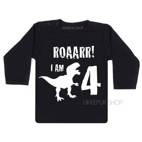 verjaardagsshirt-jarig-dino-4-jaar-shirt-jarig-kind-dinosaurus-feest-zwart